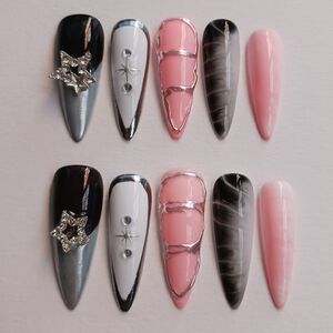 ✨️Elegant Nail Art Set with Pink and Black Accents Silver Chrome reusable 10pcs